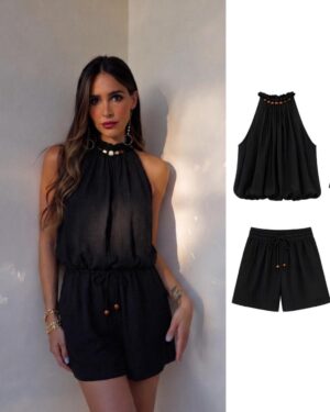 Beaded Neck Two-Piece Shorts Set